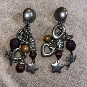 Vintage 80’s Dangling Clip-on Charm Jewelry Earrings: Angels, Stars & Hearts EUC